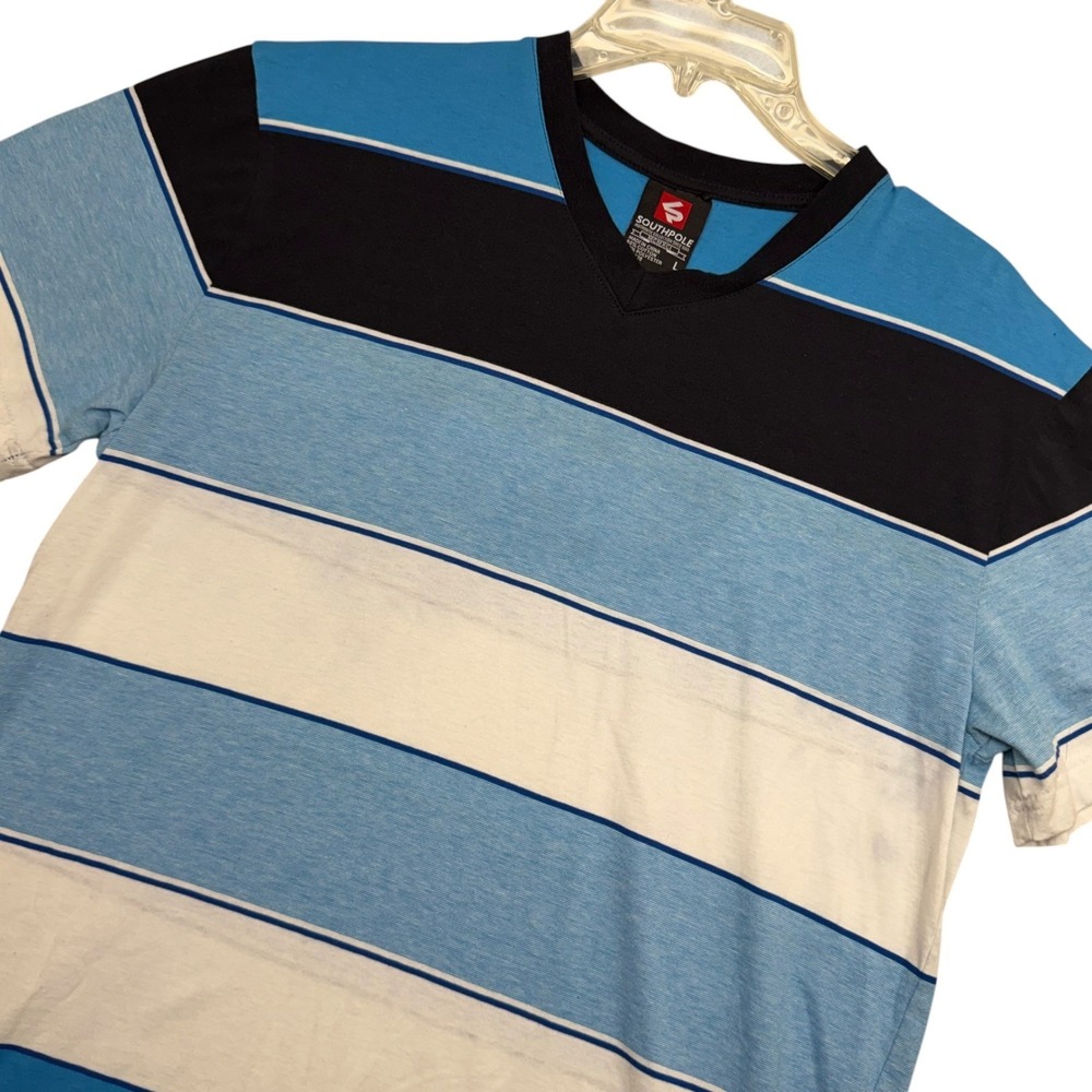 Y2K Southpole Striped T-Shirt Mens L Blue Black V-Neck Short Sleeve Casual